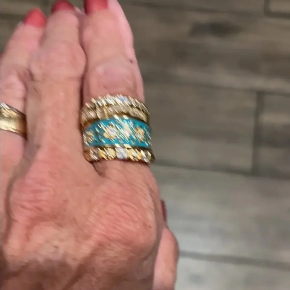 Retro Copper Hand Carved Texture Palace Turquiose Gold Ring Set - SIZE 6